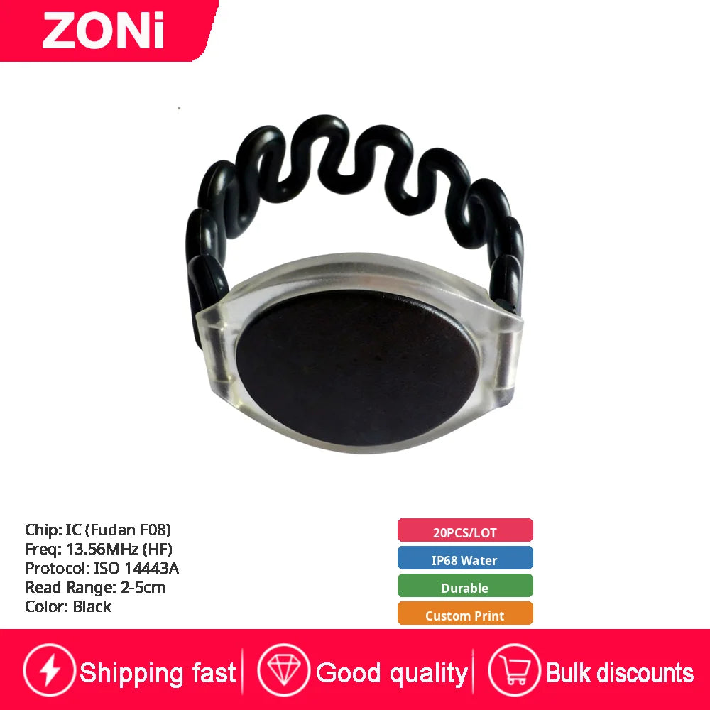 RFID IC ID Silicone Wristband Fudan F08 S50 M1 13.56MHz / TK4100 Chip 125KHz Waterproof Wrist Tag for Swimming & Foot Spa 20P