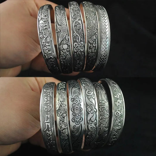 Retro Cuff Bracelets Tibetan Silver Metal Carving Fish Elephant Flower Bangles Vintage Gypsy Jewelry Female Gifts