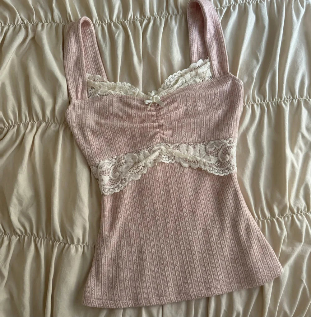 Summer Lace Patchwork Coquette T-shirt Ribbed Knit Slim Fit Milkmaid Tees Women Short Sleeve Y2k Grunge Crop Tops Aesthetic -
