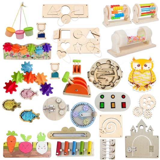 DIY Montessori Busy Board Accessories Bee Flower Gear Gate Educational Toys LED Lamp Drum Learning Wooden Game Busy Board Toy