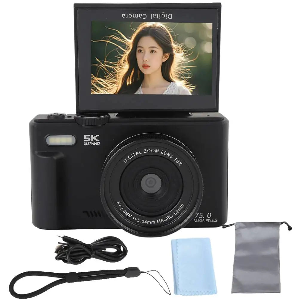 75MP Digital Camera for Photography 5K 18X Digital Zoom Vintage Vlog Video Recorder For YouTube 180° Flip Screen Selfile WiFi