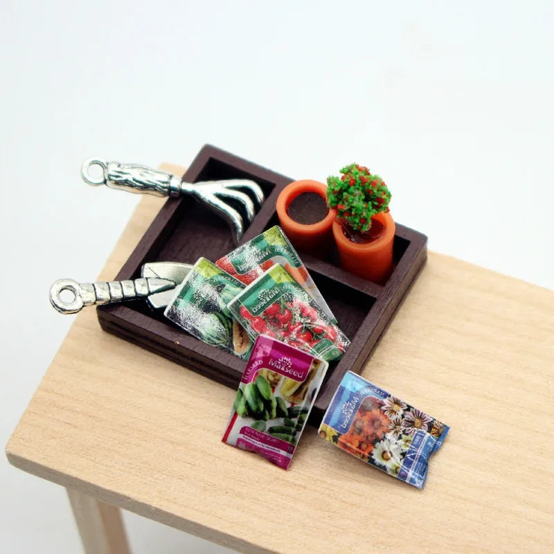 Dollhouse Gardening Wooden Box Shovel Potted Plant Seeds Mini Model Garden Scene Accessories