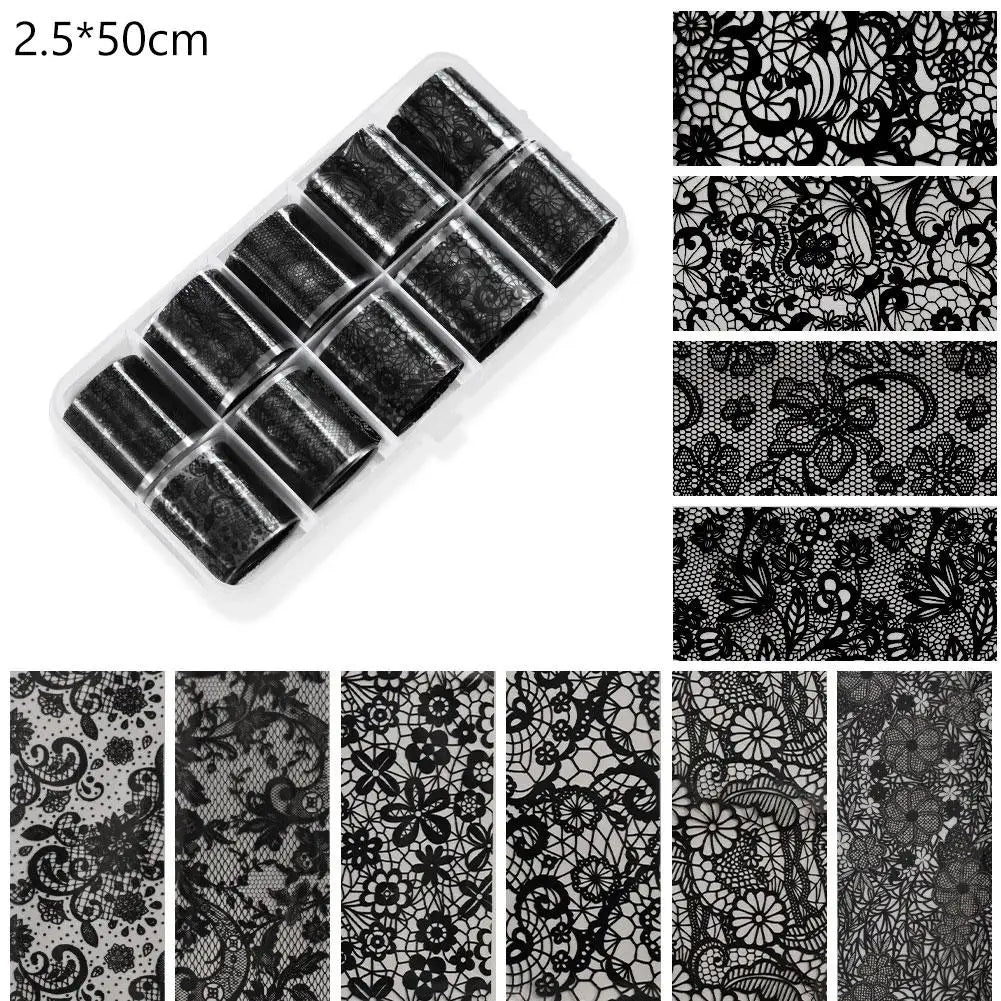 10 Rolls Black White Lace Nail Foil Transfer Stickers DIY Waterproof Nail Decoration Supplies Nail Accessorie