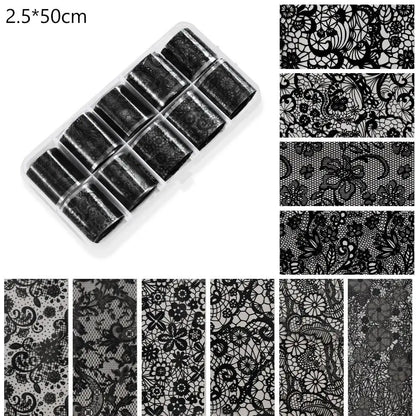 10 Rolls Black White Lace Nail Foil Transfer Stickers DIY Waterproof Nail Decoration Supplies Nail Accessorie