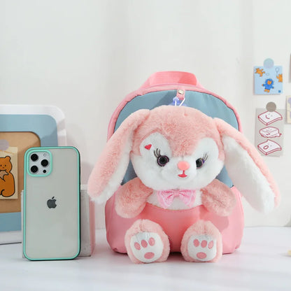 Plush 3D Rabbit Backpack for Boys Girls Kids Children SchoolBag Cute Bow Tie Cartoon School Bags Kindergarten Preschool Baby 