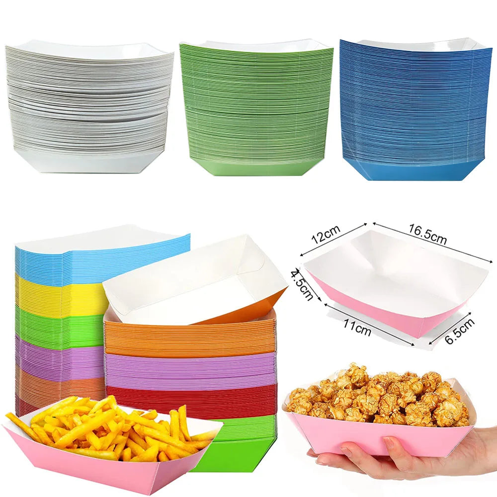 6/12/24 Solid Color Paper Food Trays Disposable Food Boat Black White Blue Yellow Popcorn Box Baby Showe Birthday Party Suppl