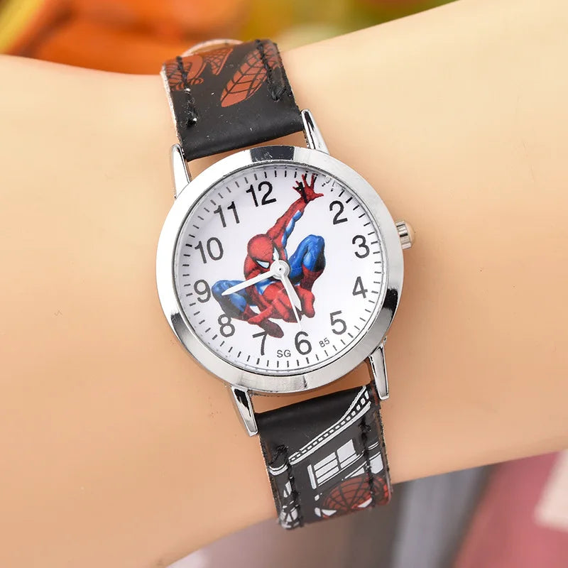 Disney SpiderMan Watch Cute Cartoon Watch Kids Watches Boys Christmas Gift Leather Quartz Watch - black