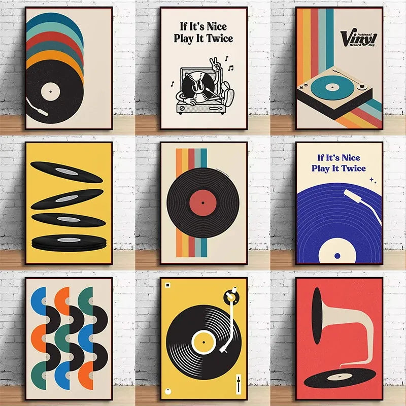 Retro Vinyl Record Print Mid Century Music Minimal Pastel Poster Colorful Wall Art Trendy Minimalist Turntable Home Room Deco
