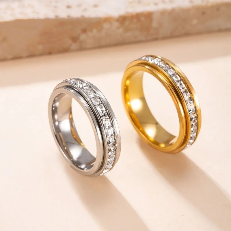 Stainless Steel Rotatable Anxiety Ring with CZ Gemstone Ring for Women Men Unisex Stress Relief Statement Rings Jewelry Gifts