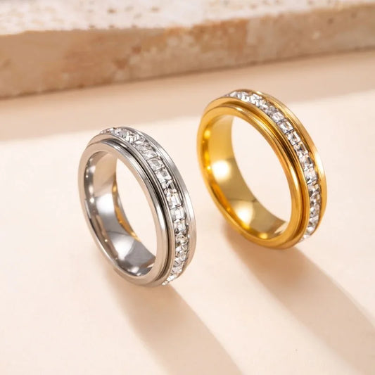 Stainless Steel Rotatable Anxiety Ring with CZ Gemstone Ring for Women Men Unisex Stress Relief Statement Rings Jewelry Gifts