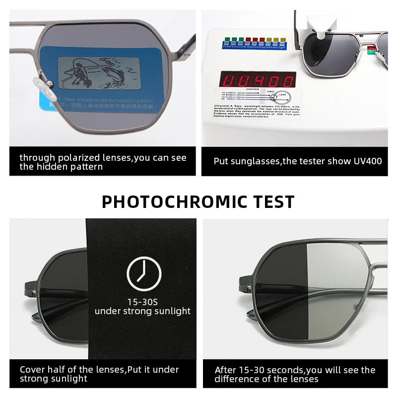 Luxury Metal Photochromic Sunglasses Men Women Fashion Polarized Sun Glasses Stylish Chameleon Anti-glare Driving Shades UV40
