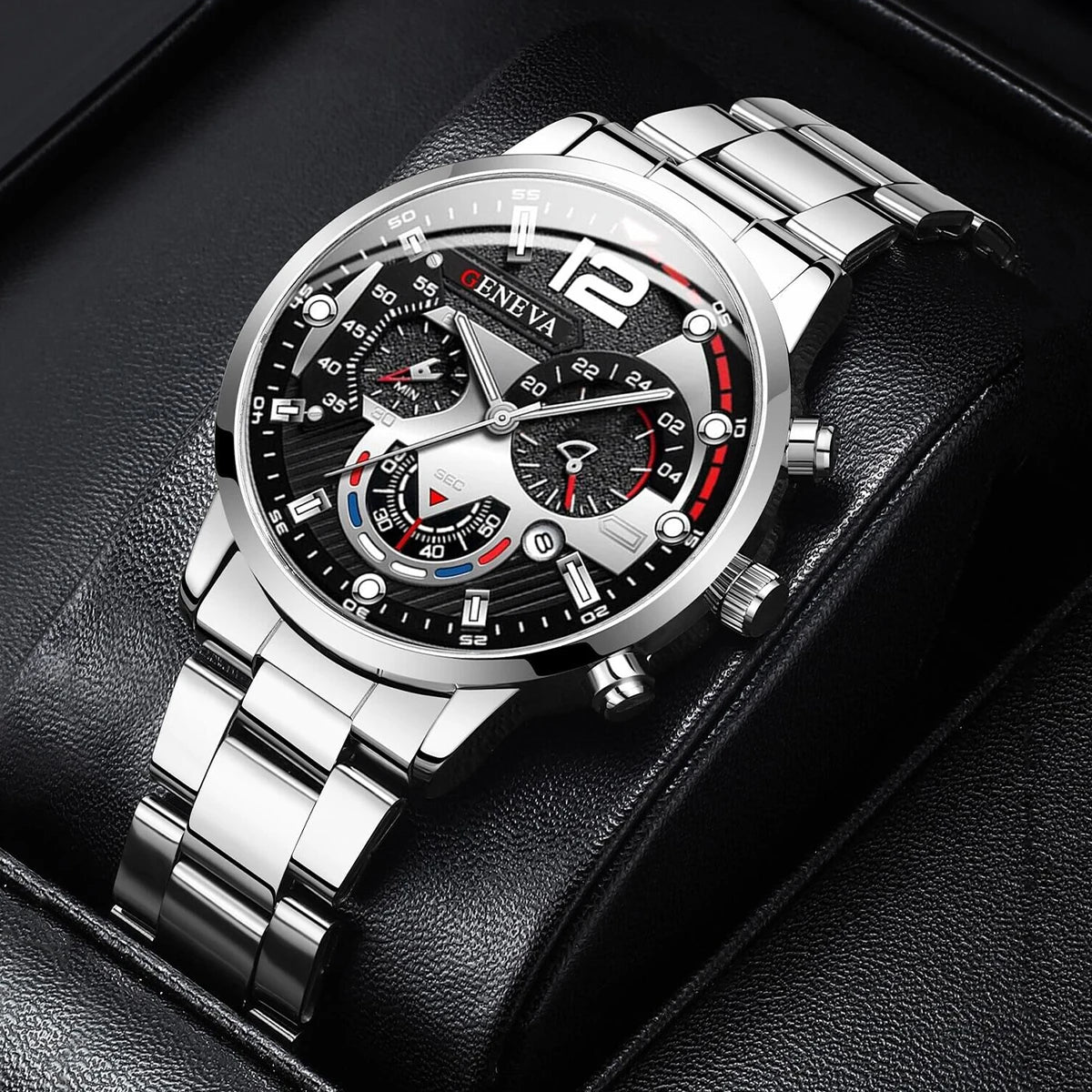 Fashion Men's Watches Stainless Steel Band Analog Quartz Wristwatch with Calendar - Silver