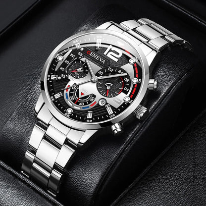 Fashion Men's Watches Stainless Steel Band Analog Quartz Wristwatch with Calendar - Silver