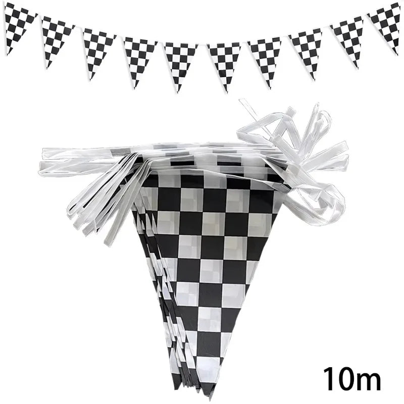 10m Longer Race Car Birthday Banner Decoration Black and White Checkered Flag Theme Party Supplies Birthday Decoration