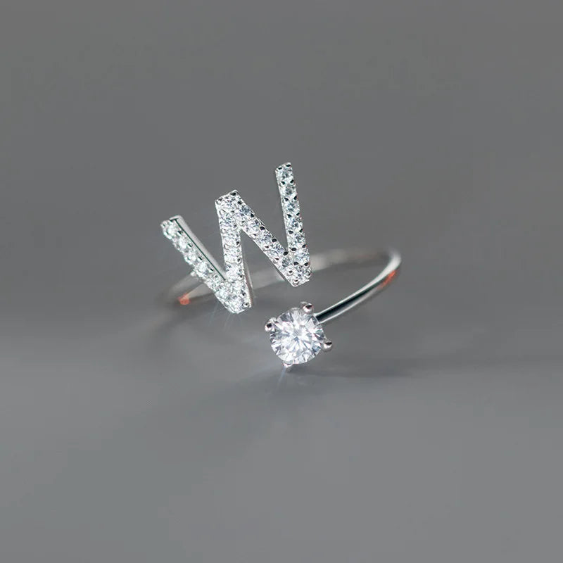Zircon Initial A-Z Letter Ring For Women Metal Adjustable Opening Ring Name Alphabet Female Wedding Gift Anillos Mujer - W