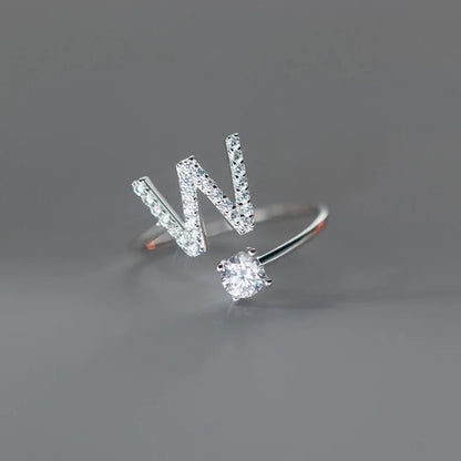 Zircon Initial A-Z Letter Ring For Women Metal Adjustable Opening Ring Name Alphabet Female Wedding Gift Anillos Mujer - W