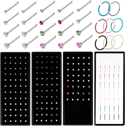 Fashion Crystal Stainless Steel Nose Stud Piercing for Women Hypoallergenic 1.8mm Nose Ring Straight/L/Screw Shaped Body Jewe