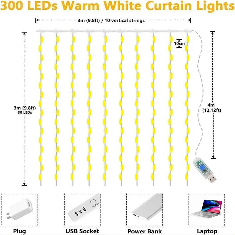 3M LED Curtain String Lights Fairy Decoration USB Holiday Garland Lamp 8 Mode For Home Garden Christmas Party New Year Weddin