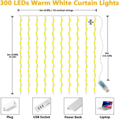 3M LED Curtain String Lights Fairy Decoration USB Holiday Garland Lamp 8 Mode For Home Garden Christmas Party New Year Weddin