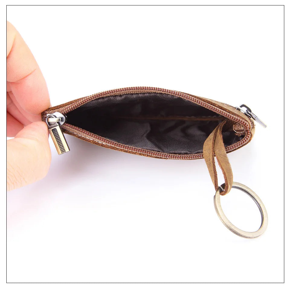 Retro Genuine Leather Coin Purse with Keychain for Men & Women Cowhide Zipper Coin Wallet Vintage Key Holder