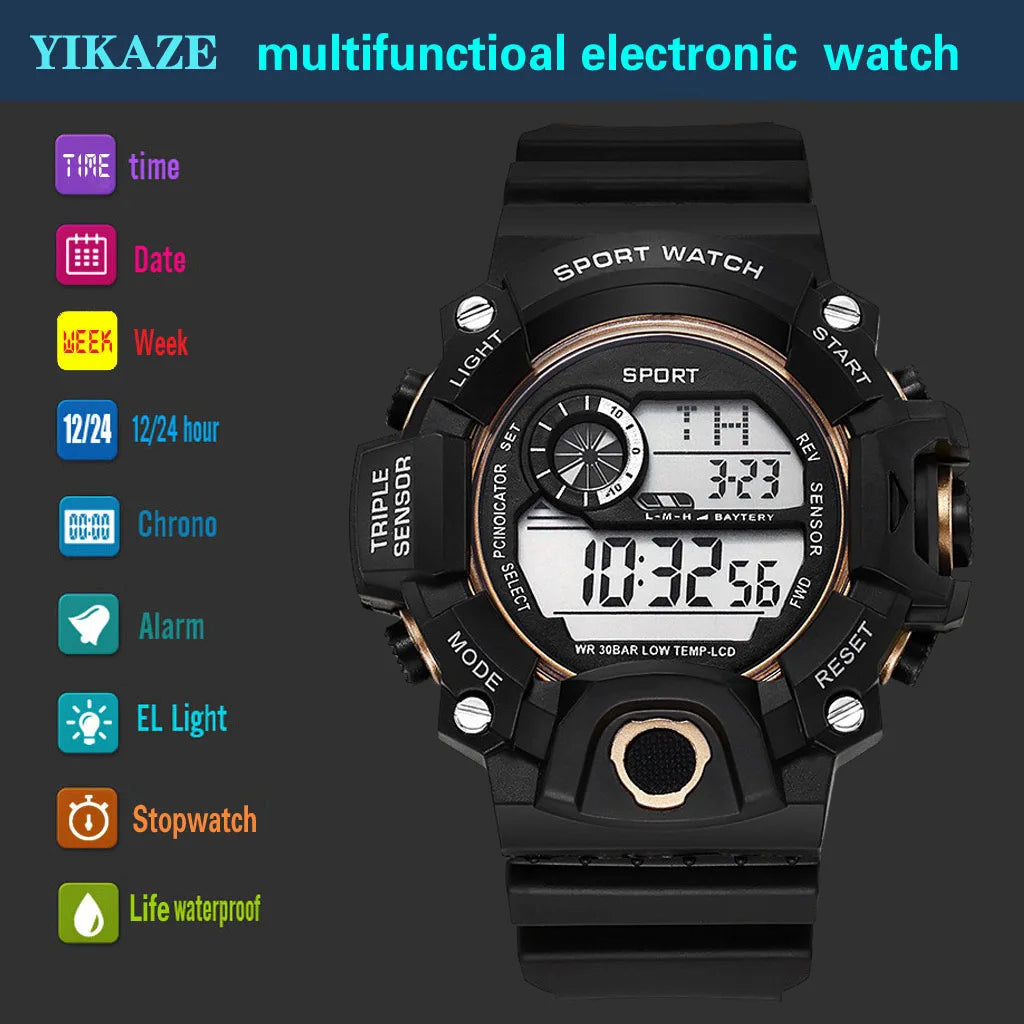 Fashion Men's Watch Sports Electronic Wristwatch Large dial Multifunctional Waterproof Luminous Alarm Kids Male's Military Wa