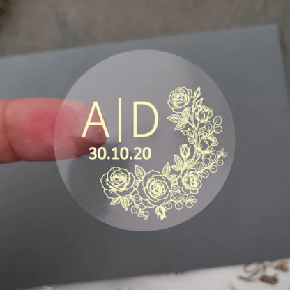 50 X Foiled Wedding Monogram Initials Stickers, Personalised Wedding Favour Labels, Custom Shiny Foil Gold Transparent - 117 