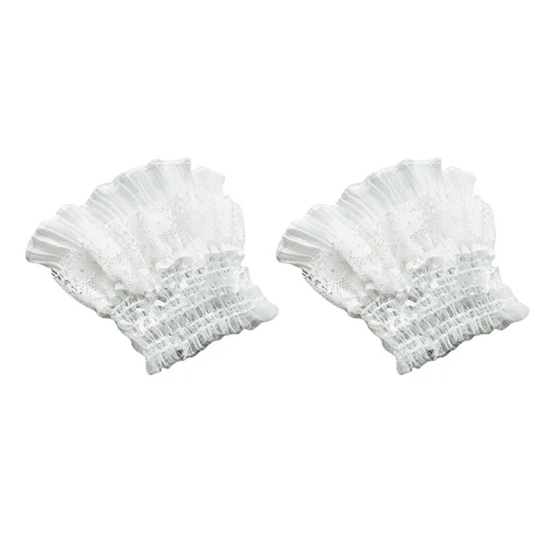 Gothic Lolita Hand Wrist Cuffs Bowknot LaceTrim Maid Cosplay Accessories For Women Girl Party - white-A