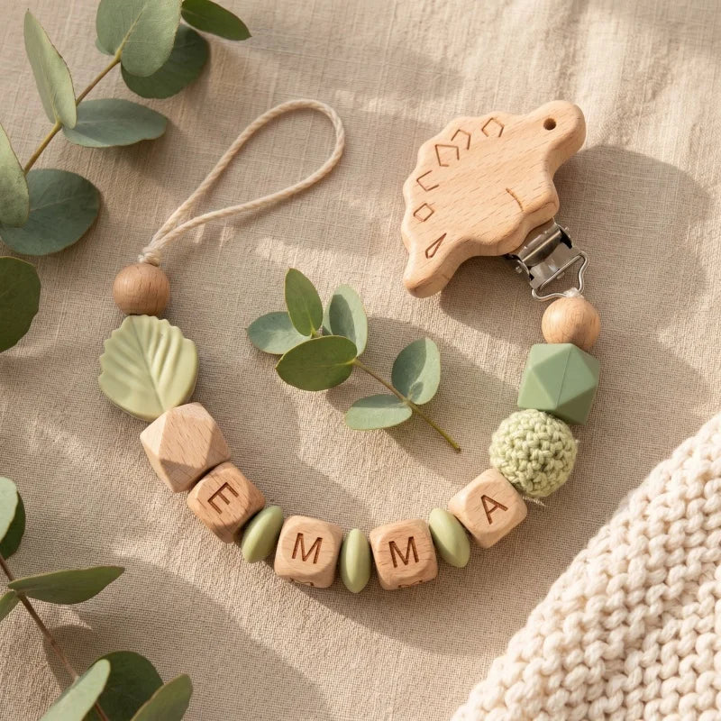 Personalized Pacifier Clip Custom Name Silicone Wooden Beads Baby Teether Chain Soother Holder BPA Free Newborn Baby Shower G