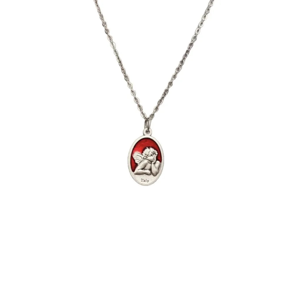 Vintage Temperament Sliver Color Double-sided Little Angel Fairy Relief Oval Pendant Necklace for Women Men Collar Chain Jewe