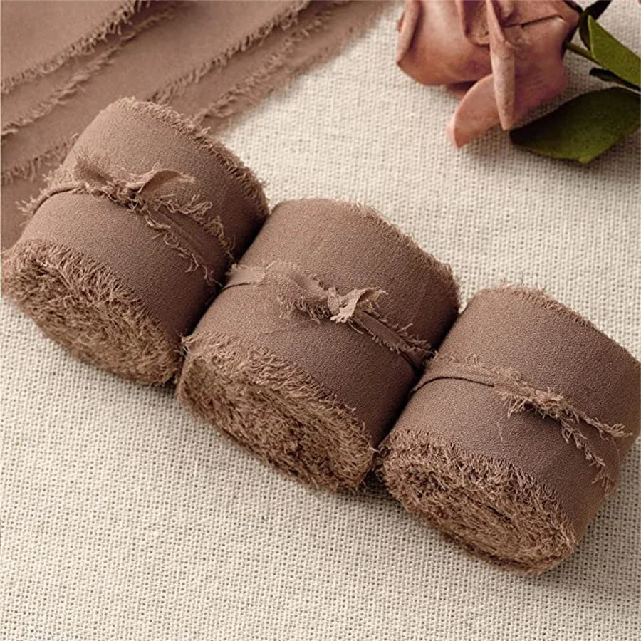 3 Roll/set 5m Frayed Edged Satin Handmade Chiffon Silk Ribbon For Wedding Invitation Bouquets Birthday Party DIY Decoration G