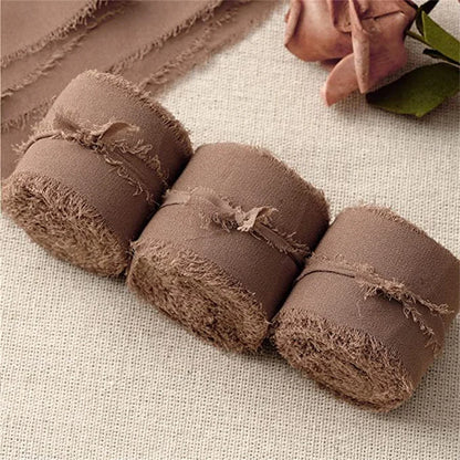 3 Roll/set 5m Frayed Edged Satin Handmade Chiffon Silk Ribbon For Wedding Invitation Bouquets Birthday Party DIY Decoration G