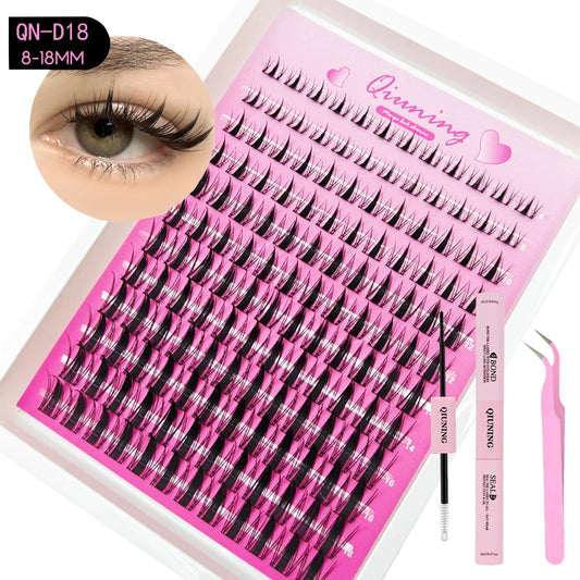 QIUNING Manga Lash Clusters Kit Cat Lashes with Lash Bond & Seal Cluster Eyelash Extensions Mixed Tray Eyelash Clusters Kit
