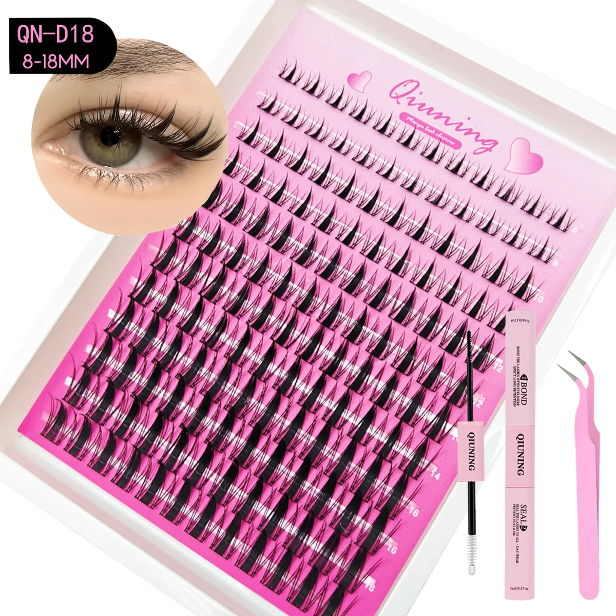 QIUNING Manga Lash Clusters Kit Cat Lashes with Lash Bond & Seal Cluster Eyelash Extensions Mixed Tray Eyelash Clusters Kit -