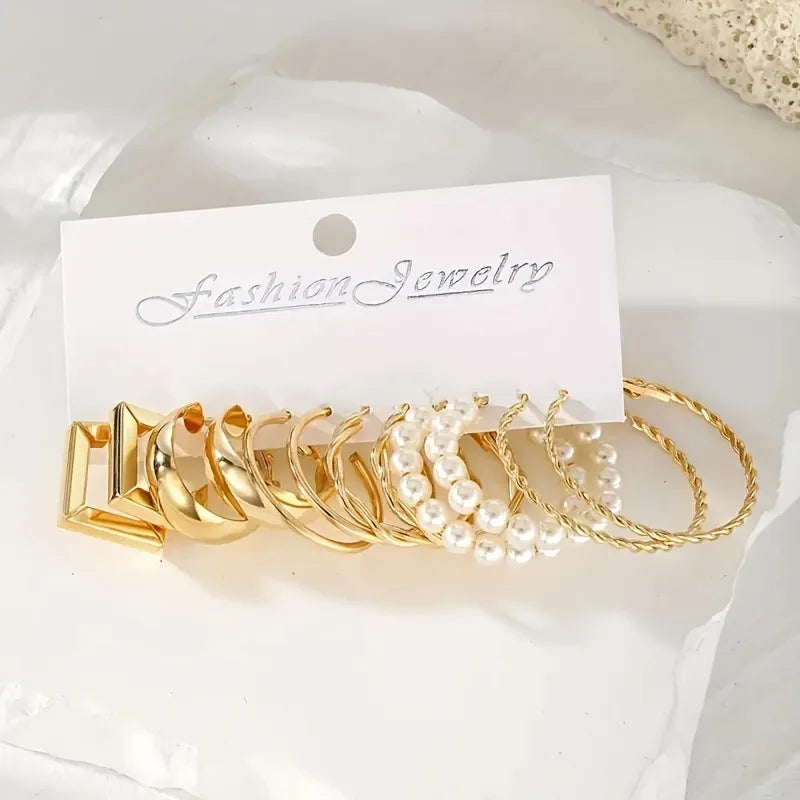 Vintage Silver Color Y2K Pearl Earrings for Women Geometry Round Circle Square Hoop Earring Set Fashion Female Jewelry Access