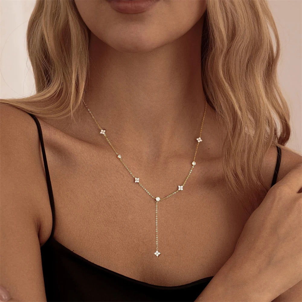 14K Gold Plated Lariat Necklace for Women CZ Star Clover Teardrop Y Shaped Drop Pendant Necklaces Elegant Party Wedding Jewel