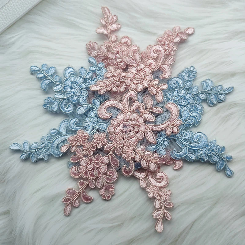 Lace Applique Sew on Patch Fabric 1Pair Embroidery Flower Exquisite Trim Patches Crafts Stickers Bag Gown Decoration