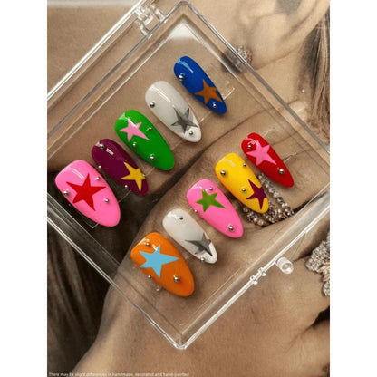 10Pcs Handmade Nail Art, Almond Dopamine Color Nail Art, Hand-Painted Star Pattern Design, Daily Nail Art