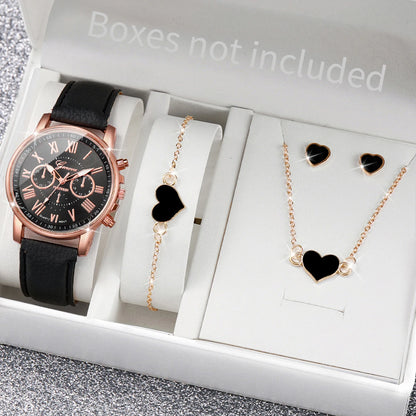 5/6PCS Fashion Women's Quartz Watch Leather Band Analog Wrist Watches Heart Rhinestone Jewelry Set(Without Box) - E Without B