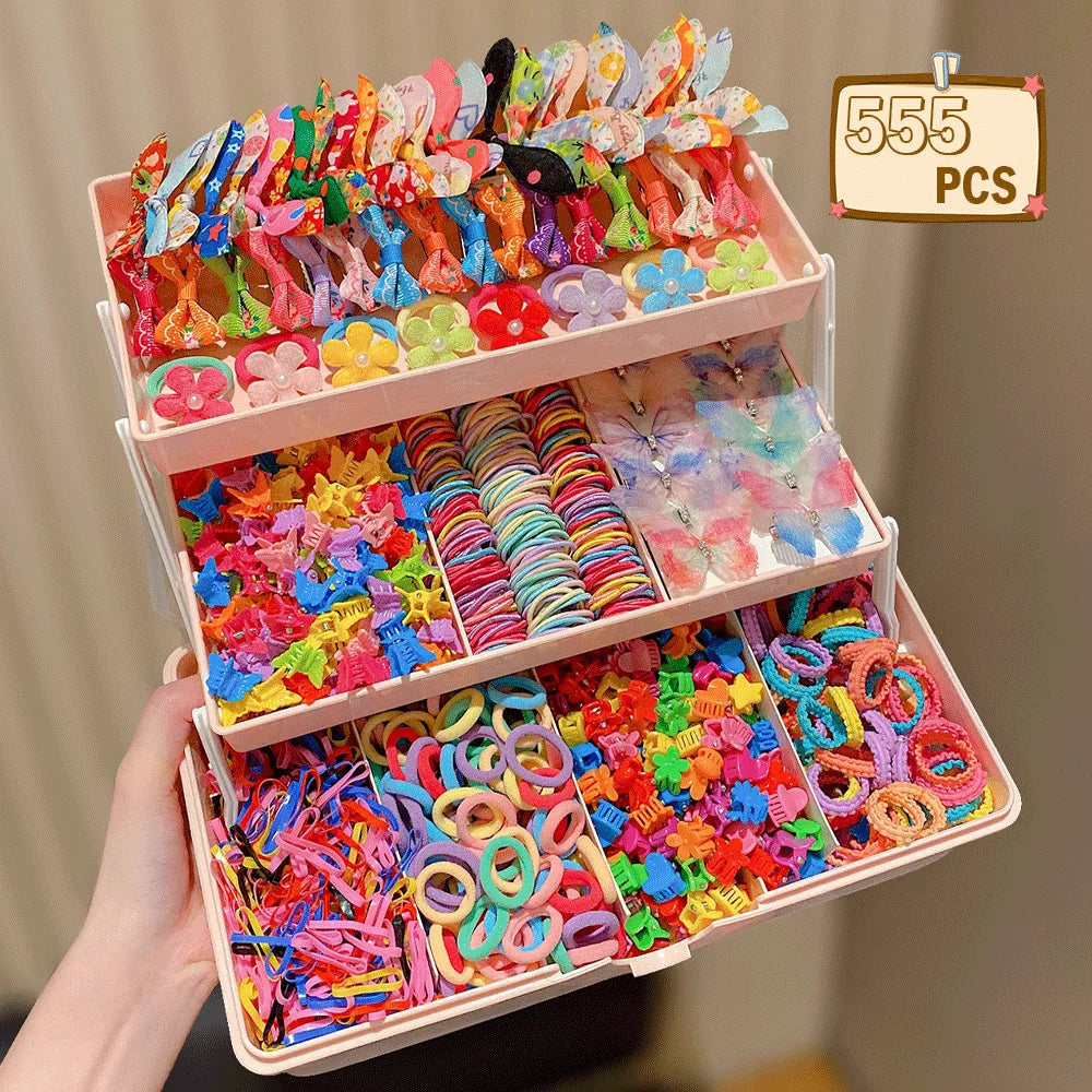 555pcs Girls Hair Accessories Set Colorful Butterfly Fashion Hair Clips Ties Elastic Bands for Daily Ponytail Fixation - 555 