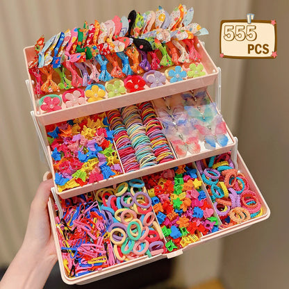 555pcs Girls Hair Accessories Set Colorful Butterfly Fashion Hair Clips Ties Elastic Bands for Daily Ponytail Fixation - 555 