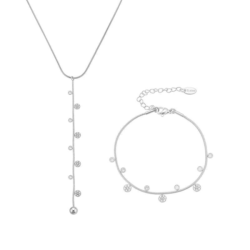 Lariat Y Necklace Matching Bracelet In Stainless Steel 18k Gold Plated With Zircon Flower Chain Necklaces Bracelets For Women
