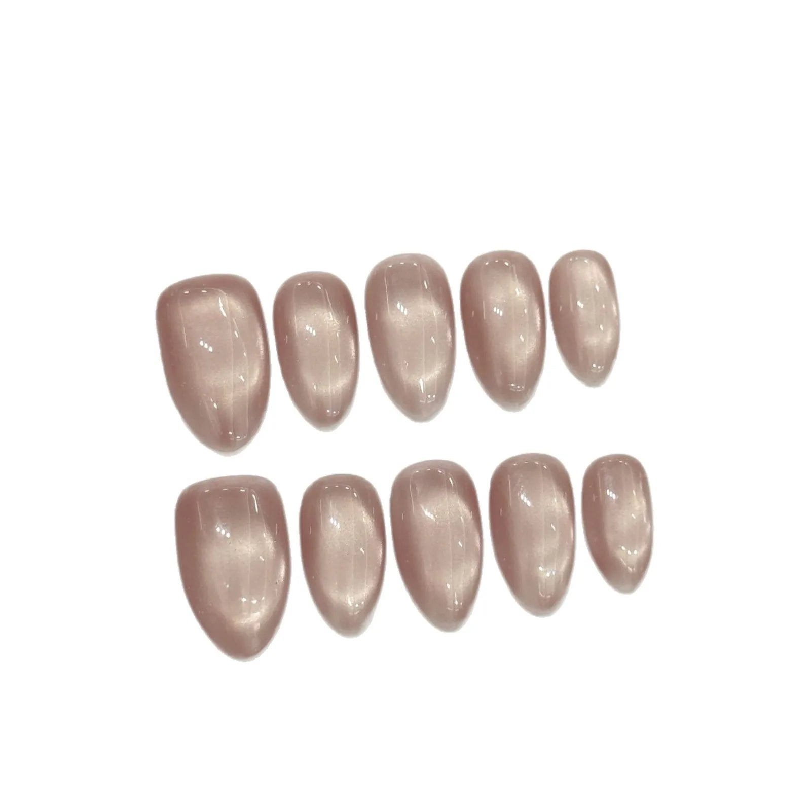 10pcs Handmade Press On Nails Solid Color Glossy Glass Beads Cat's Eye False Nails Full Cover Short Almond Fake Nail For Wome