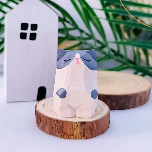 Creative Cartoon Animal Wood Bear Figurine Wooden Carved Desktop Knick-knack Sculpture Kids Toy Carving Cat Statue