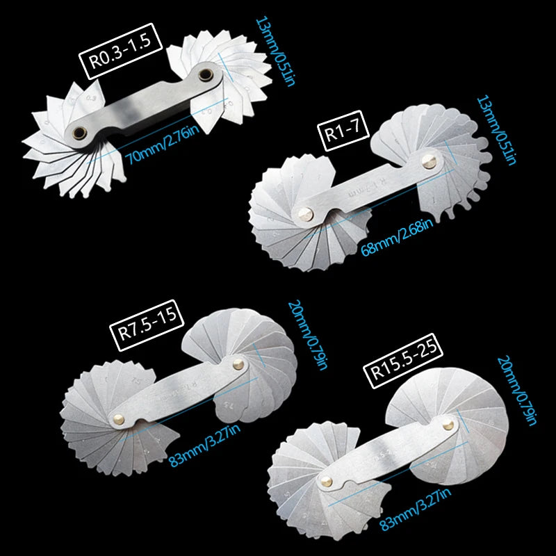 Radius Template R Gauge R1-6.5 7-14.5 15-25 26-80 Radius Gage Plate Fillet Gaug External Internal Concave Convex Measuring To