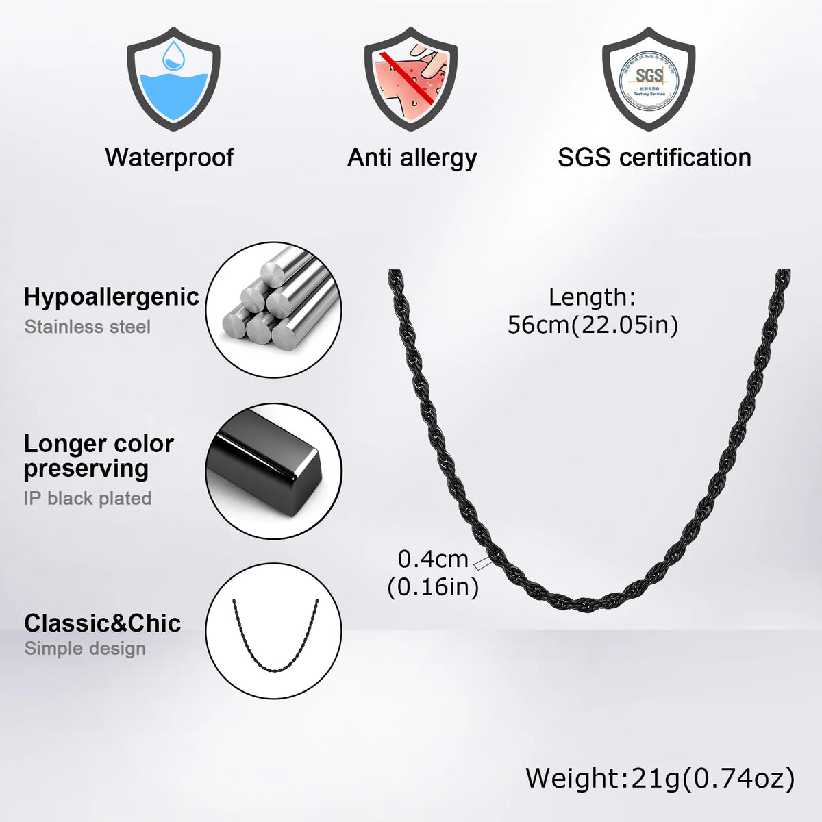 Punk Vintage Rope Chain Necklace for Men Women,Gold Color Stainless Steel Braided Twisted Chain,Hip Hop Casual Jewelry