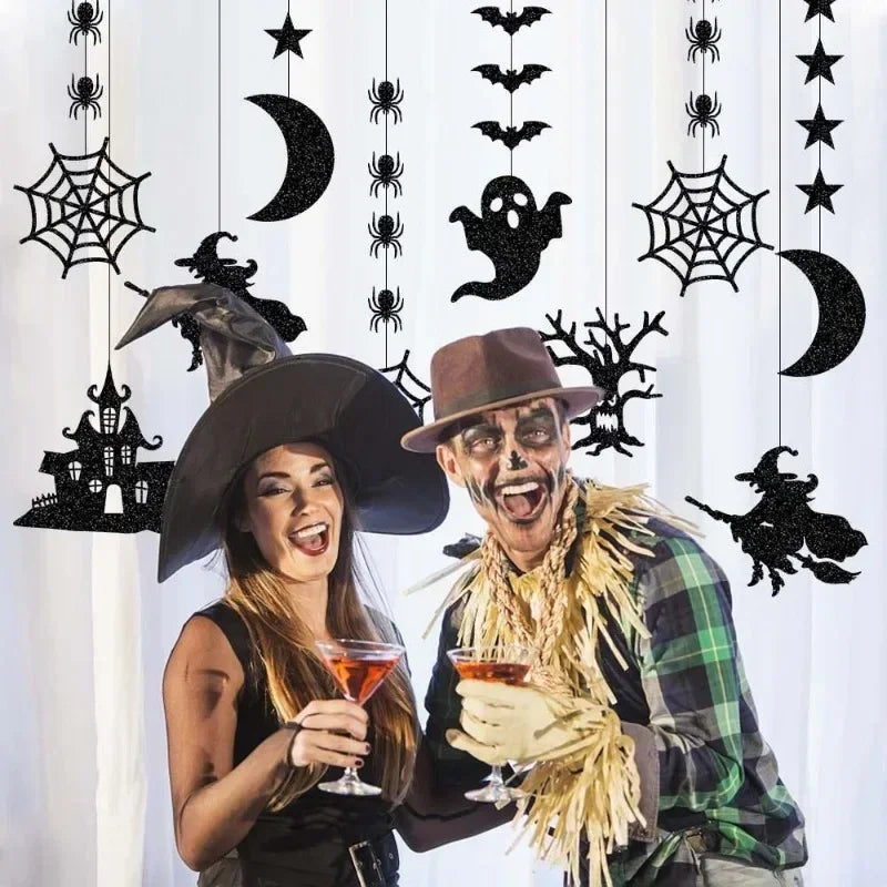 6pcs Halloween Hanging Banner Garland Scary Spider Witch Ghost Bat Pendant Ornament Happy Halloween Party Decorations for Hom