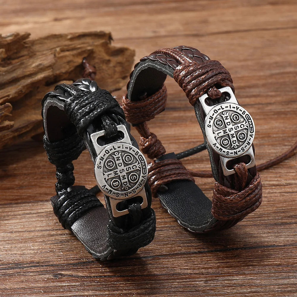 Vintage Handmade Braided Leather Bracelets For Men Myth Cross Scripture Retro Lace-Up Punk Style Leather Bracelet Accessory G