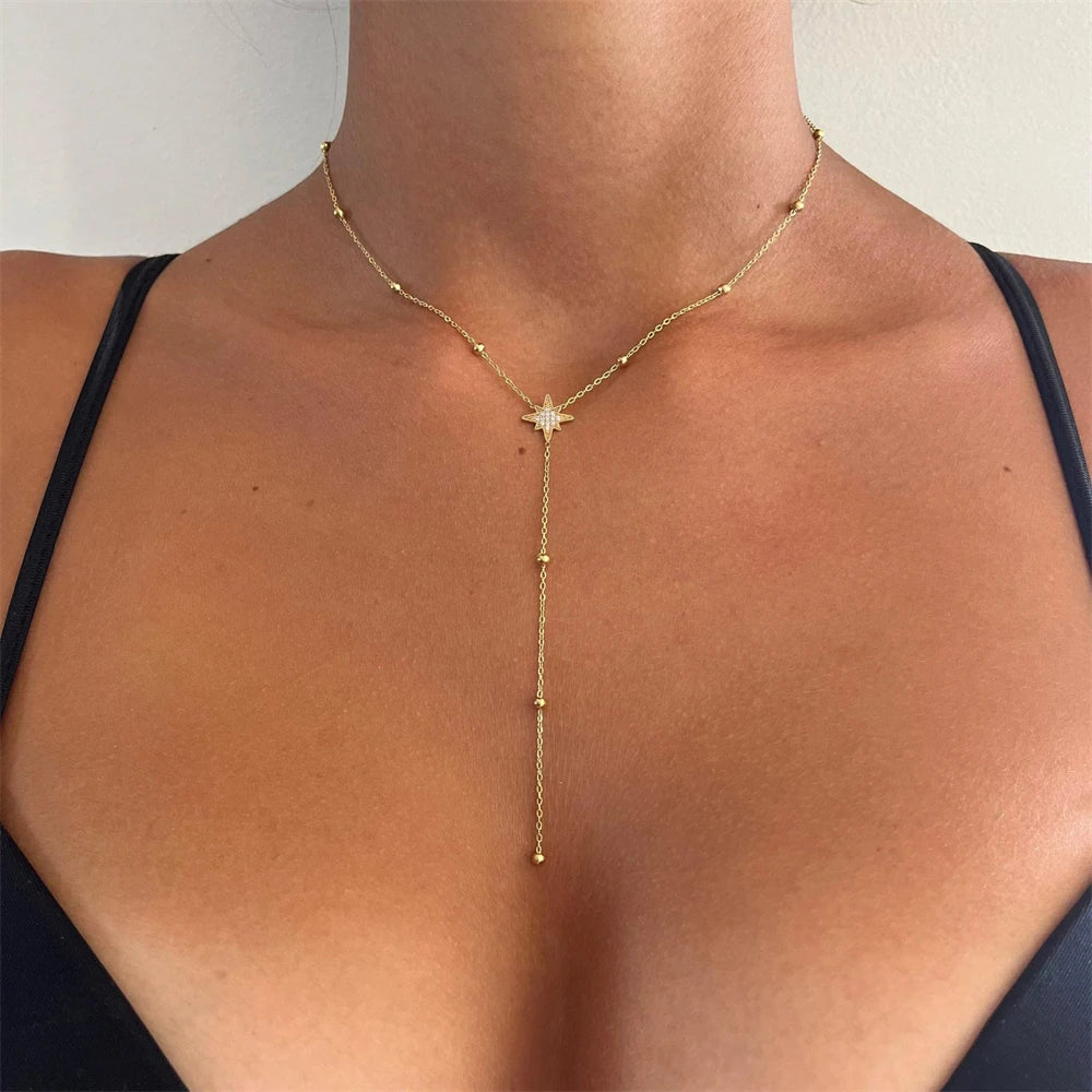 14K Gold Plated Lariat Necklace for Women CZ Star Clover Teardrop Y Shaped Drop Pendant Necklaces Elegant Party Wedding Jewel