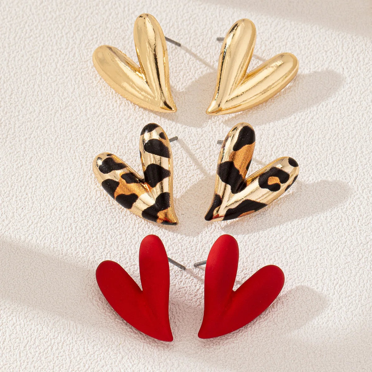 3 Pairs Elegant Design Metallic Enamel Leopard Love Heart Earring Sets Suitable for Party Valentine's Day Give To A Friend Gi