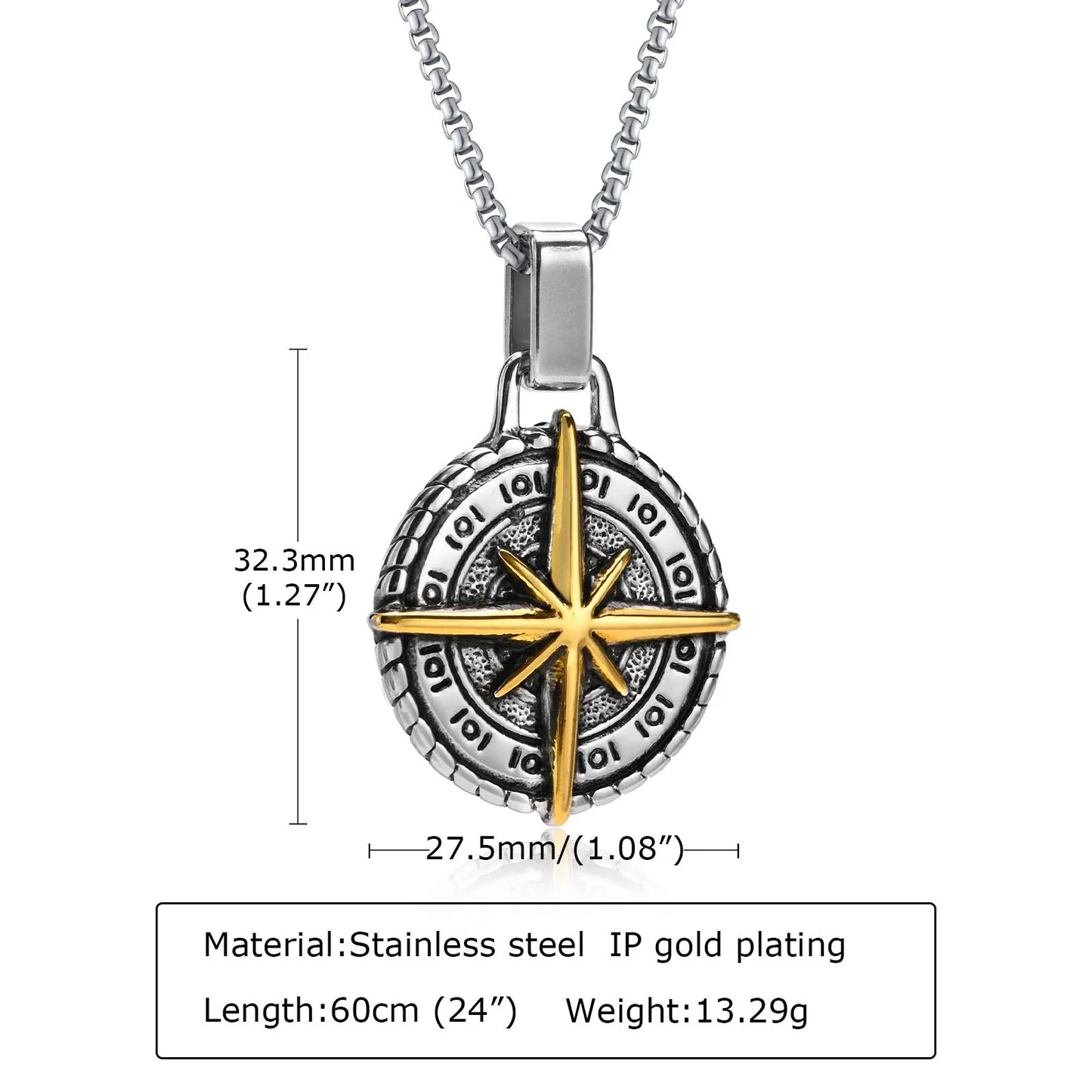 Vintage Compass Pendant Necklaces for Men Boys, Stainless Steel Coin Necklace, Rock Hiphop Collar Graduation Guide Gift